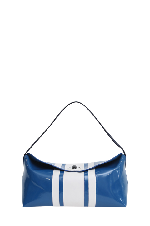 A glossy blue vinyl shoulder bag with three vertical white stripes on the front flap and a shoulder strap, shown against a plain white background.