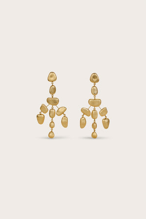 Chandelier earrings made of gold-foiled wood beads. 