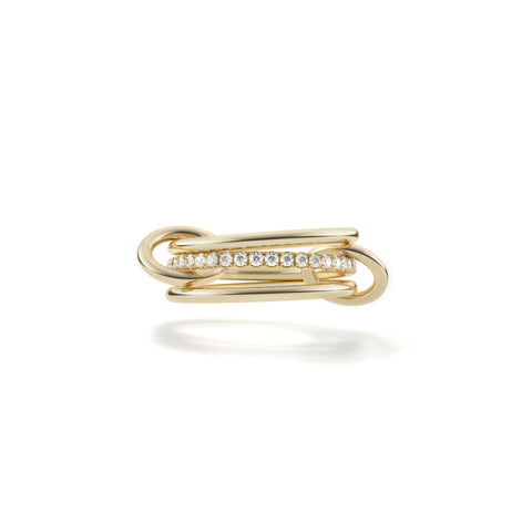 Ghost image of a Spinelli Kilcollin Sonny ring that features three 1.7mm 18k yellow gold bands, one pave with white diamonds, all connected by two 18k yellow gold connectors. 