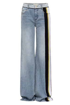 Blue denim straight leg jeans with grosgrain applications down the left leg.