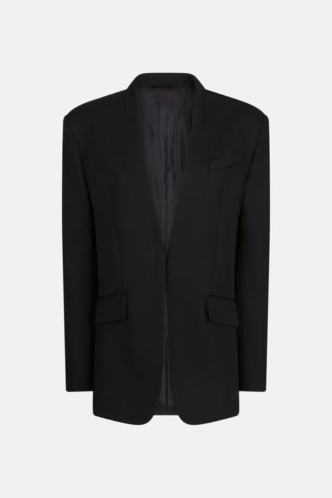 Ghost image of a black, collarless blazer that features two front pockets and a breast pocket, as well as a clasp to secure the front. 