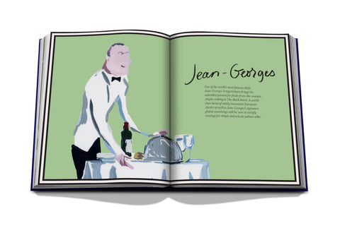 Open book with illustration of a waiter and text on a green background from "The Mark"