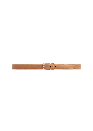 Tan grained-leather belt with silver hardware. 