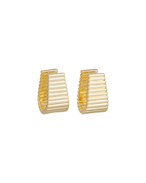A pair of flat, tapered hoop earrings that feature a ribbed texture.