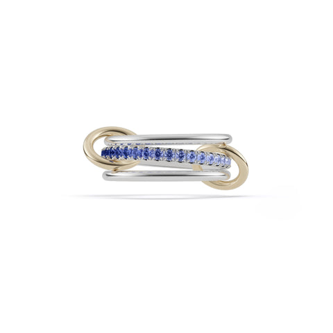 Ghost image of a Spinelli Kilcollin Tigris ring that features two 1/77mm sterling silver bands and one 2.3mm sterling silver band pave with ombre blue sapphires, connected by two 18k yellow gold connectors. 