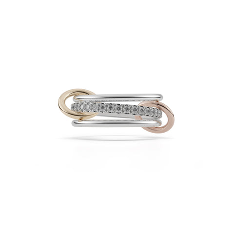Ghost image of a Spinelli Kilcollin Tigris ring that features two 1.7mm sterling silver bands and one 2.3mm sterling siler band pave with white diamonds, connected with one 18k yellow gold and one 18k rose gold connector. 