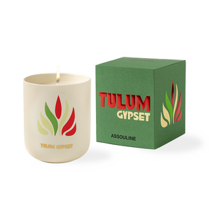 Front of the Tulum Gypset candle jar and its coordinating green box