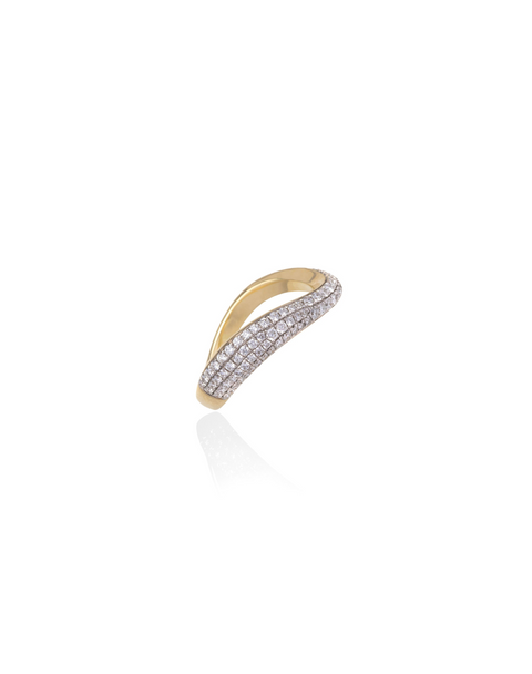 Single brushed yellow gold wave ring with pave diamonds.