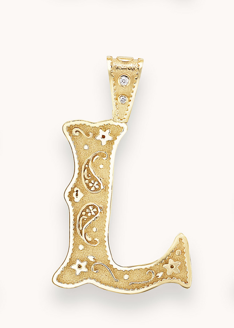 Yellow gold and diamond "L" necklace charm with southwestern detials.