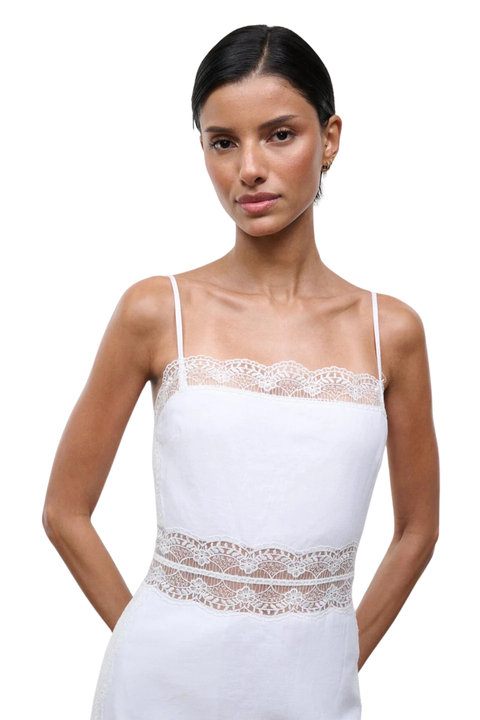 Woman wearing a white dress with lace details worn on a white background close up