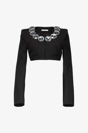 Ghost image of the front of the black jumbo crystal cropped blazer with front pockets.