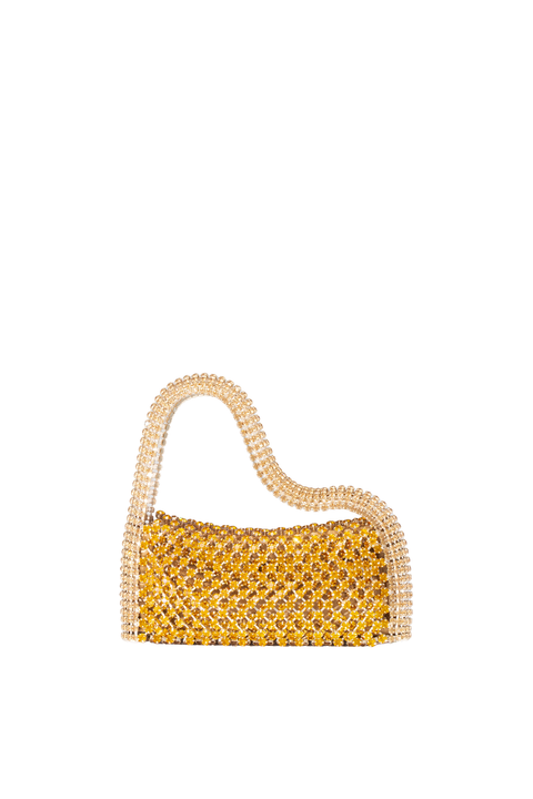 A small structured handbag covered in gold-tone rhinestones with an embellished handle, shown on a plain white background.