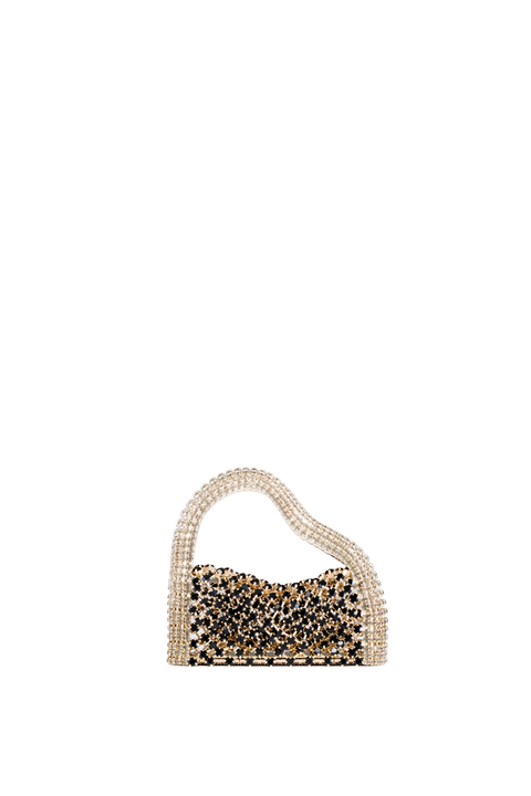 A small structured handbag with a curved embellished handle and a body covered in black rhinestones shown on a plain white background.
