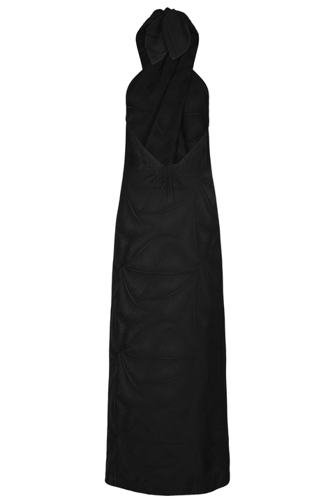 A long black halter-neck top with a jacquard print