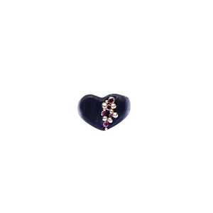 Ghost image of the carved ebony black wood heart ring with red sapphires and pearls.