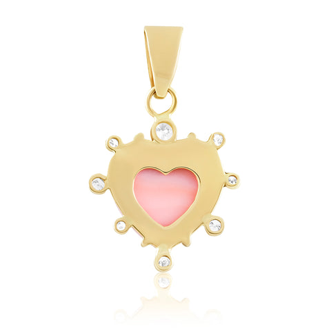 Gold pendant with a pink heart center and clear stones on a white background