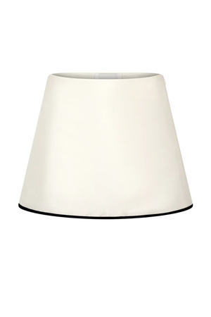 A white taffeta mini skirt with black stitching