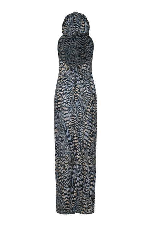 A silk, navy and cream patterned halter-neck maxi top with an open back