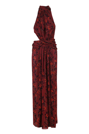 A burgundy-wine maxi dress with a halter neck and ruched waist