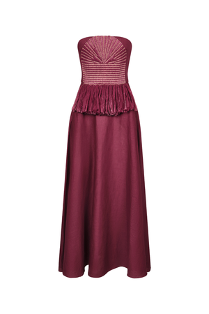 A wine-toned midi dress with chest embroidery and fringe at the waist