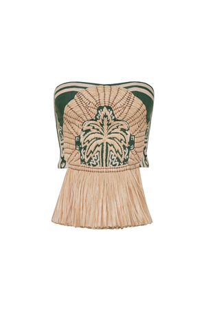 A linen green strapless top with beige embroidery and fringe