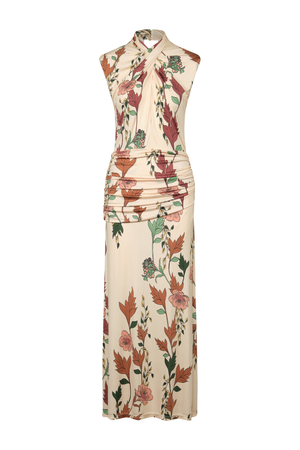 Cream and multicolor floral midi dress with crisscross draping and ruching across the waist