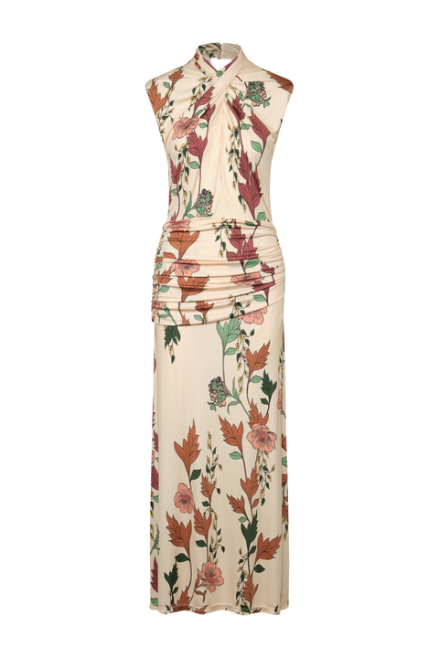 Cream and multicolor floral midi dress with crisscross draping and ruching across the waist