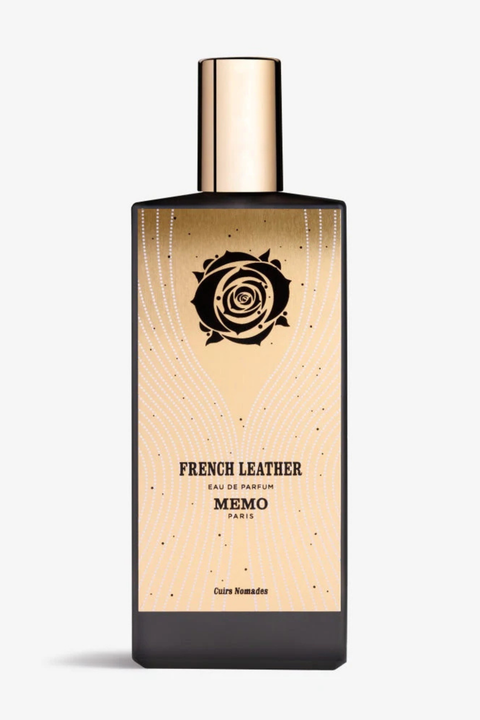 Perfume bottle labeled 'French Leather' by Memo Paris on a white background