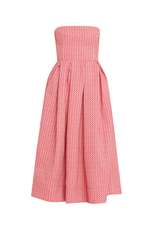 Red jacquard checked strapless dress