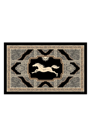 A black and ecru geometric patterned shawl with a border and a horse and sun in the middle