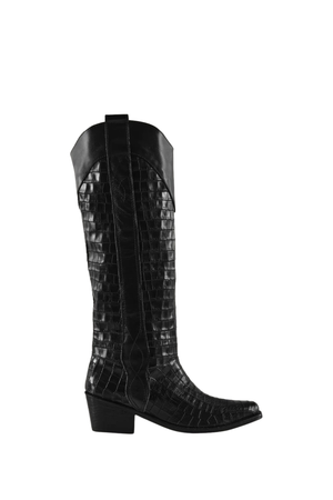 A single black knee-high boot with a crocodile-embossed texture, featuring a low block heel and pointed toe, shown against a plain white background.