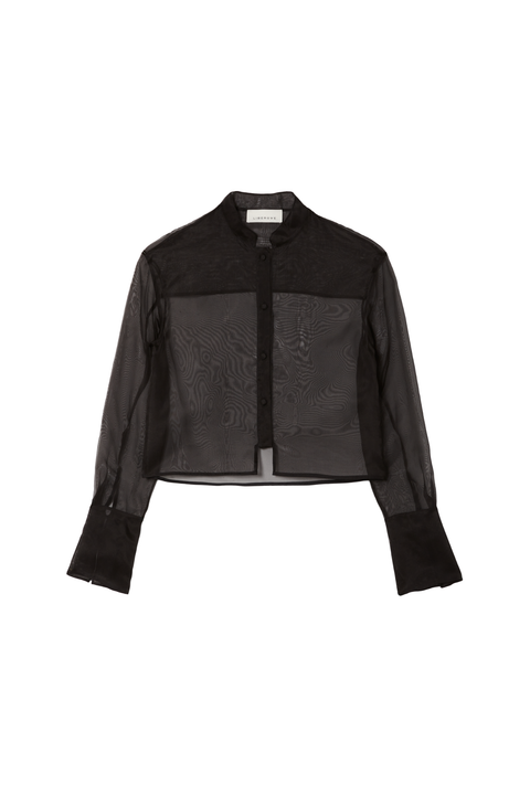A black sheer long-sleeve blouse with a mandarin collar and button-down front, displayed on a clean white background.