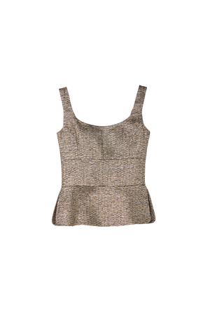 A sleeveless cropped top with a textured tweed pattern in brown, beige, and gray, featuring a scoop neckline and a peplum waist, shown against a plain white background.