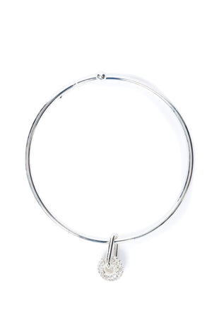 Silver necklace with a small round pendant on a white background