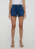 Shot of model from the waist down in the lena high rise denim short in dark wash.