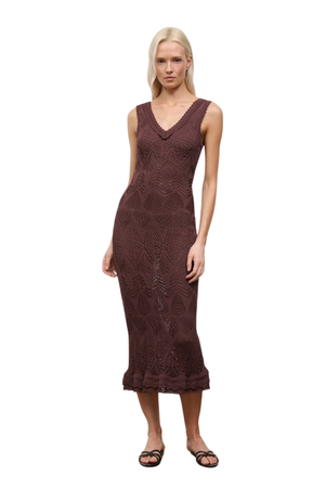Woman wearing a brown mesh lace dress on a white background