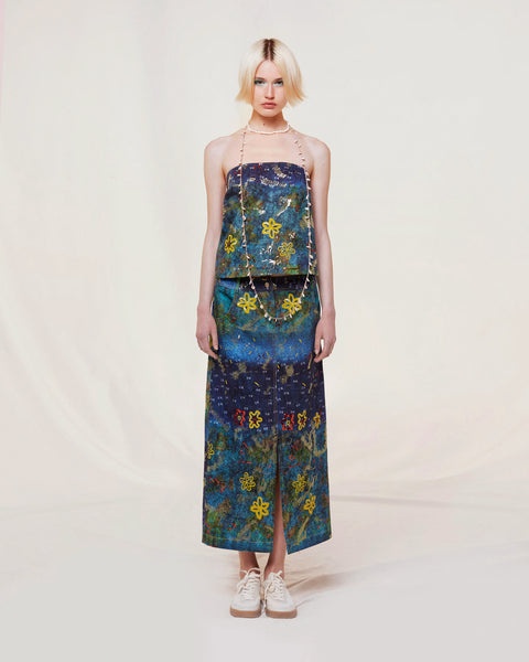 Another model styled in the pari floral embellished top wearing the matching skirt.