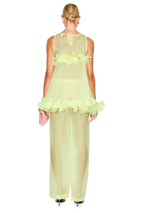 A woman shown from the back wearing a sheer pale yellow two-piece outfit with a ruffled top and wide-leg pants, photographed against a plain white studio background.
