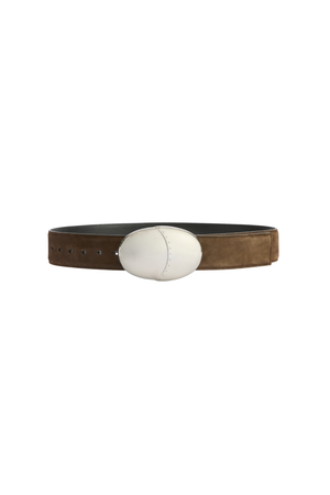 A brown wide belt with a silver oval-shaped buckle