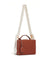 Full view of the light brown bag with the white crochet strap