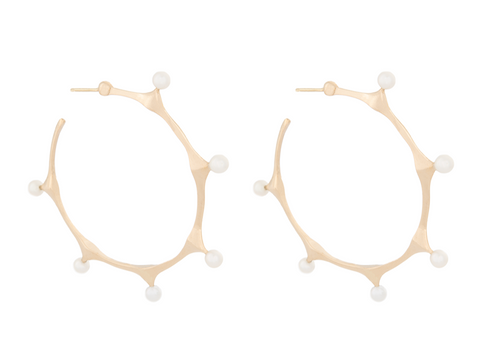 Side view of the 6 Peak Pearl Hoops, showing the unique design encompassing 6 freshwater pearls.  