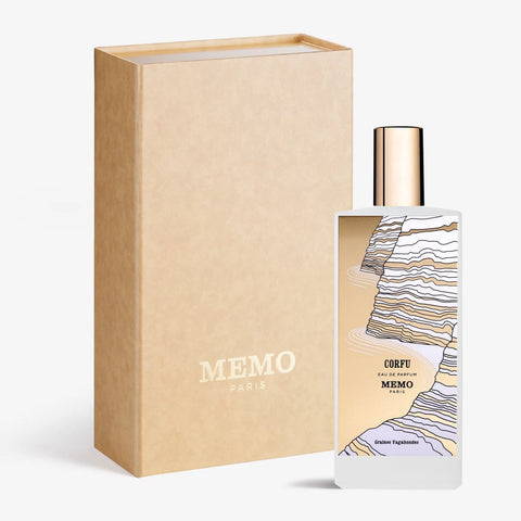 The Corfu Memo Perfume bottle with the box it comes packaged in. 